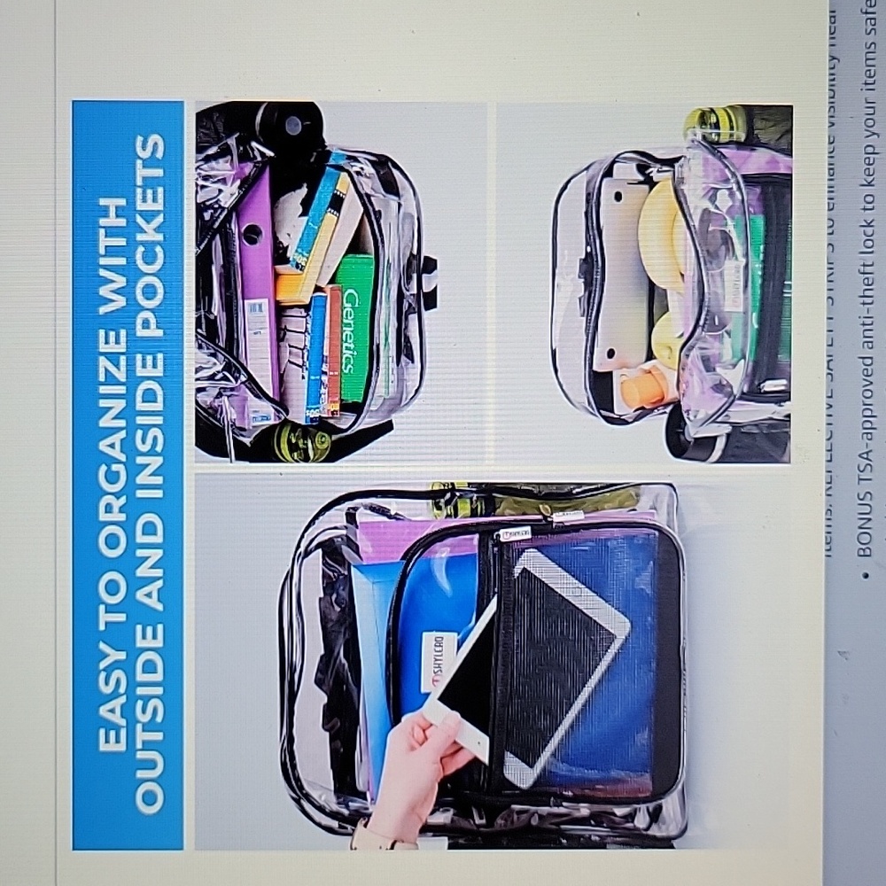 Shylero clear black backpack heavy duty TSA lock 2way zip PVC transparent NEW… - Picture 9 of 10